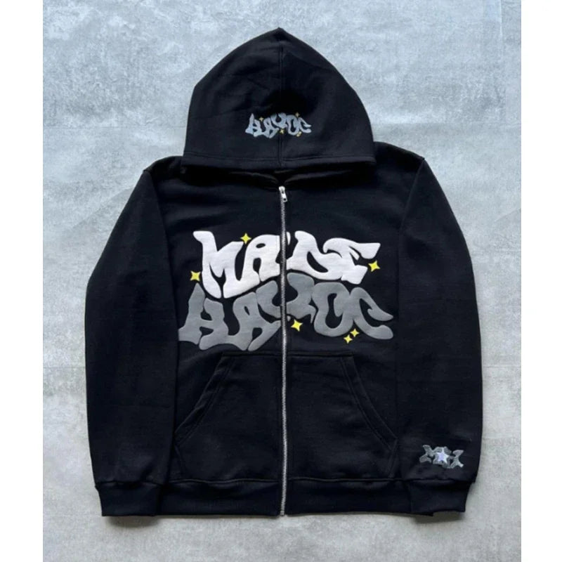 Retro Star and Letter Printed Zipper Hoodies Y2K Spring Autumn Section Lazy Fashion Brand Cardigan Jacket